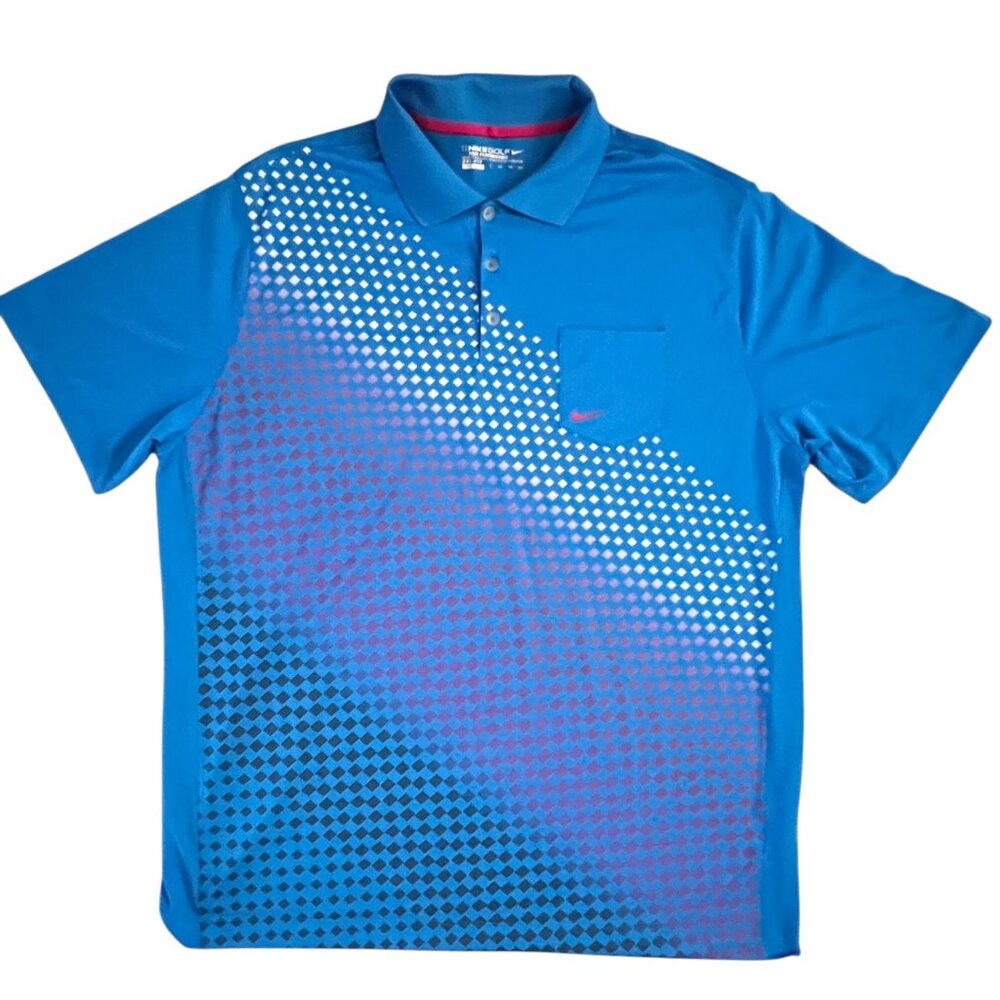 Nike Golf Polo Shirt Mens XXL‎ Blue Dri-Fit Geometric Gradient Pocket Activewear